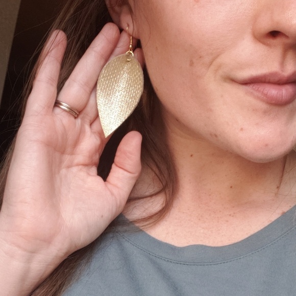 2 Inch | Gold Petal Leather Earrings - Picture 7 of 8
